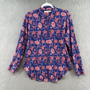 Xirena Blue Red Floral Print Button Down Shirt XS Lightweight Boho Blouse